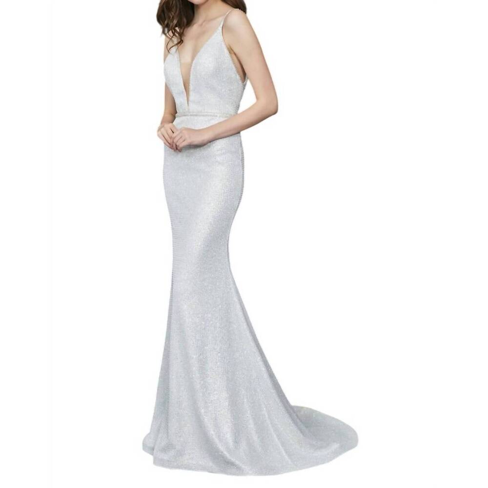 NEW ANGELA & ALISON plunging v-neck prom dress in silver